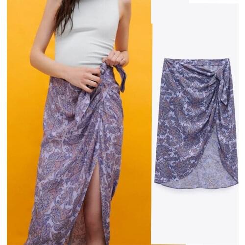 Za 2021 Summer Floral Print Midi Skirt Women Wrap High Waist Front Knot Asymmetric Red Vintage Skirts Slit Back Zip Long Skirt