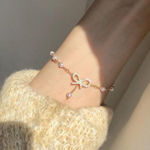 Women Bow Bracelet Rhinestone Alloy Faux Pearl Adjustable Shiny Chain Bangle Bracelets Metallic Punk Street Girl Jewelry Gifts