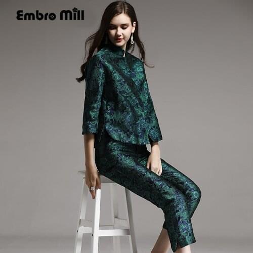 High-end autumn winter women Suit rayon vintage floral slim Jacquard coat +calf-length pants 2 pieces lady set female S-XXL