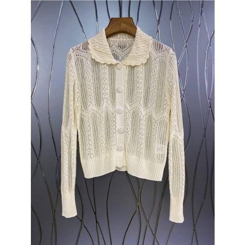 2021 Autumn Fashion Sweater Cardigans High Quality Women Turn-down Collar Crochet Knitting Beading Button Long Sleeve Tops Coat