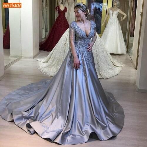 Fashion Gray Evening Dress V Neck Lace Up Appliqued Beaded Satin Sexy Women Party Dresses Long 2020 Vestidos De Fiesta De Noche