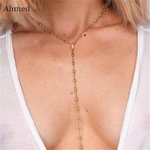 Ahmed Simple Sexy Gold Silver Rhinestone Accessory Pendant Long Chain Choker Necklace For Women Charm Body Jewelry Necklaces