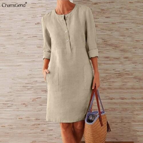 Women Casual O-neck Long Sleeve Knee-length 2021 Autumn Dress With Pocket Linen Solid Dress Beach Party Loose Dress With Buttons