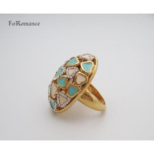 Woman Girl Yellow Gold Plated High Quality Big Face Ring Green White Enamelled Heart CZ Hollow GREAT DESIGN RING SZ 8 9