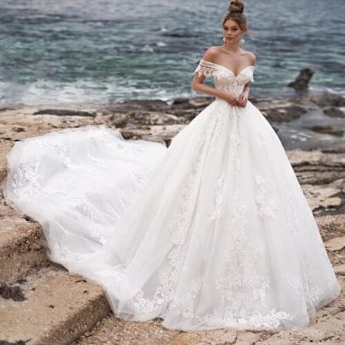 Fanweimei Lace Tulle Chapel Train A-line Wedding Dress Swertheart Off-the-shoulder Backless Bridal Gowns Vestido de Novia