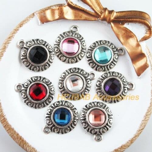 8 New Flower Charms Tibetan Silver Tone Retro Round Mixed Crystal Pendants 19x23.5mm