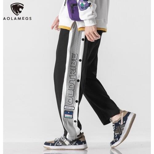 Aolamegs Sweatpants Men Side Button Striped Print Patchwork Track Pants Autumn Casual Harajuku Fashion Trouser Unisex Streetwear