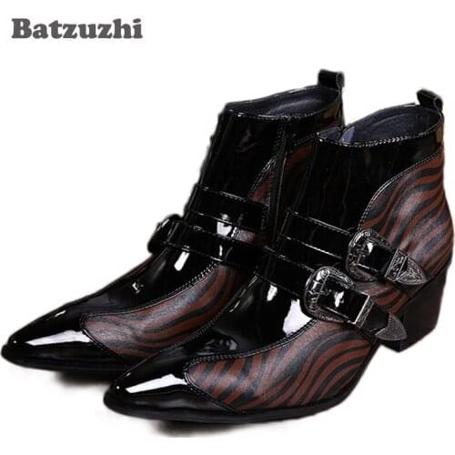 Batzuzhi Fashion Men Boots Shoes Pointed Toe Leather Ankle Boots Men Front Metal Cap 6.5cm Heels Party & Business, Wedding Botas