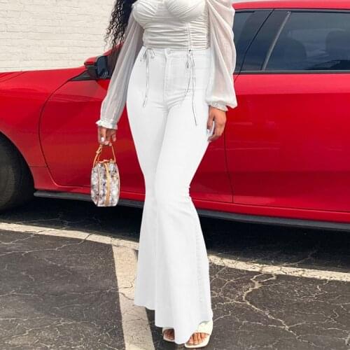 White Flared Jeans Women High Waist Casual Flared Pants Lady Streetwear Denim Trousers Blue Boot Cut Pants 2021 Autumn Female
