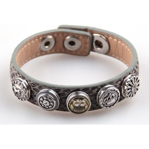 Free shipping grey snake leather Bracelet mini 1.2cm 5 metal button charm owl,horse,crown CZ alloy Bracelet DIY button Jewelry