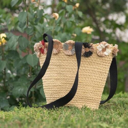 Bohemian Straw Bag Multicolored Daisy Detailed Handmade | Basket Bag | Summer Beach Tote Straw Bag | Shopping Basket Bag