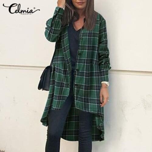 Celmia Women Long Sleeve Asymmetrical Blouses 2021 Autumn Plaid Shirts Casual Loose Buttons Long Tops Checked Fashion Blusas 7