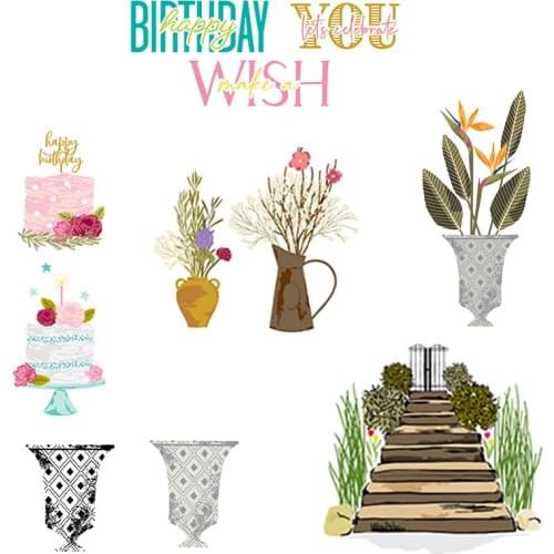 Happy Birthday Flower vase Metal Cutting Dies Clear Stamps Transparent Silicone Seal for DIY Scrapbooking Photo Album Decorate
