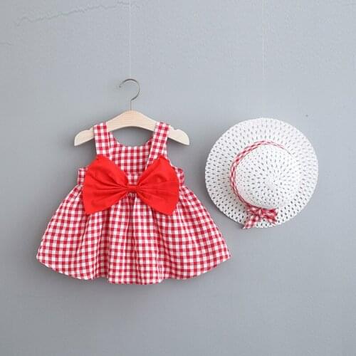 Childrens Skirt Summer Bowknot Checked Sling Skirt with Hat Girls' Childrens Wear