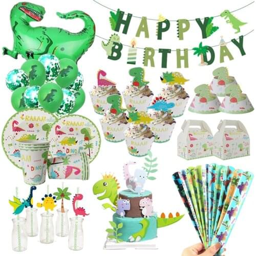 Dinosaur Party Supplies Dino Balloons Paper Banner Disposable Tableware Set Kids Boy Birthday Party Decoration Jungle Party Deco