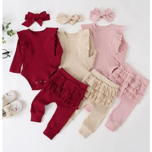 Baby Girl Clothes Baby Clothes Set Roupas Toddler Kids Baby Girl Solid Ruffle Romper Ruffle Pants + Headbands Outfits Clothes