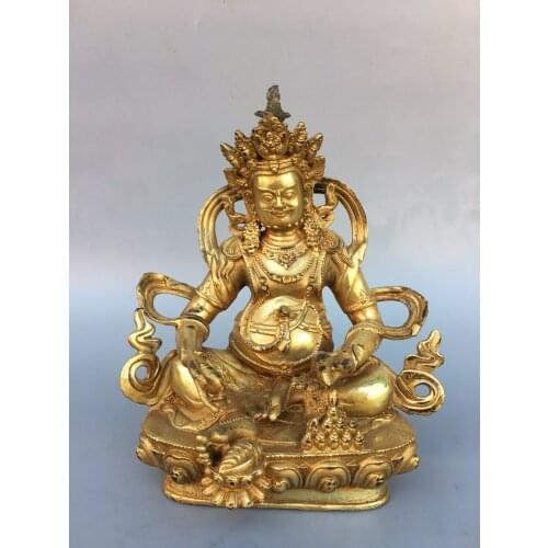 Home Decor 9" Tibet Buddhism Old Bronze Gilt Yellow God of Wealth Buddha Esoteric Guardian Enshrine the Buddha