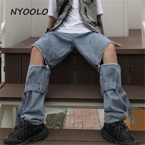 NYOOLO Casual street high waist Removable washed straight jeans men women Vintage loose full length hip hop zipper denim pants