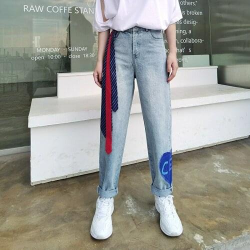 Tie peach heart letter jeans womens high waist fashion casual British straight student trend jean
