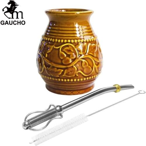 1 PC/Lot Yerba Mate Gourds Ceramic 250 ML Emboss Calabash Pattern Nice Appearance Stainless Bombilla & Cleaning Brush Hot Sale