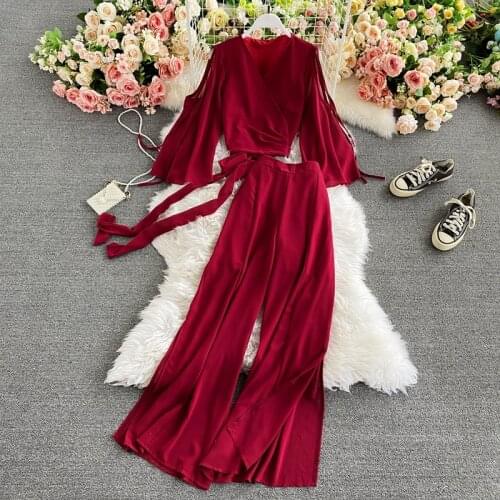 Fashion Temperament Solid Color Two-Piece Suit Flare Sleeve V-Neck Lace-Up Short Blouse High Waist Split Wide Leg Long Trousers