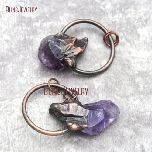 Rustic Crystal Pendant Amethysts Point Charm Copper Hoop Pendant PM27030