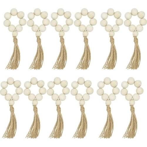 LUDA 12Pcs Wood Bead Napkin Rings with Tassels Rustic Farmhouse Wood Beads Garland Wall Hanging Decor Weddings Home Decor