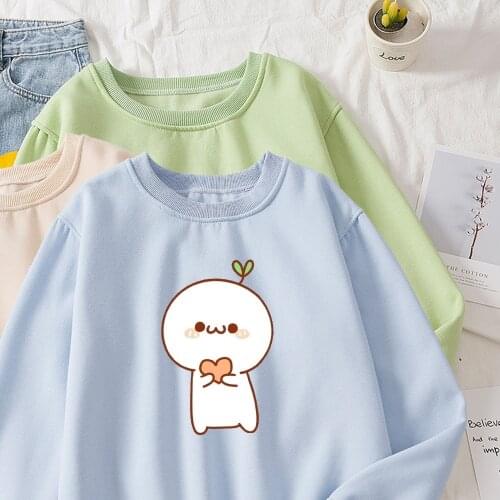Kawaii Cartoon Hoodie Sweatshirt Women Winter Long Sleeved Cotton Loves Hoodies Heart-shaped Print Aesthetic Cute Pullovers Lady