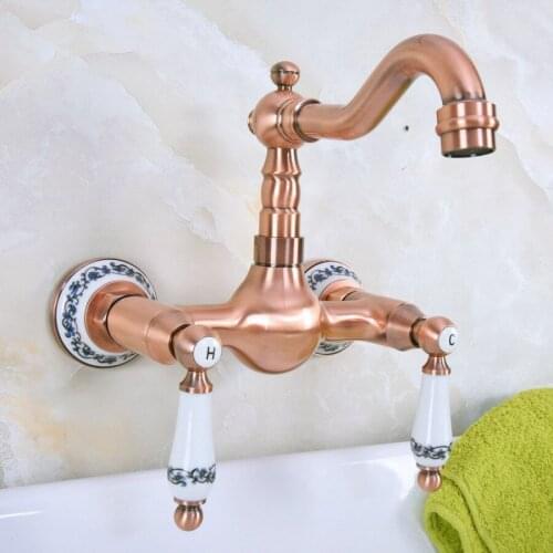 Antique Red Copper Bathroom Kitchen Sink Basin Faucet Mixer Tap Swivel Spout Wall Mounted Dualall Mounted Kitchen Faucets Lnf955