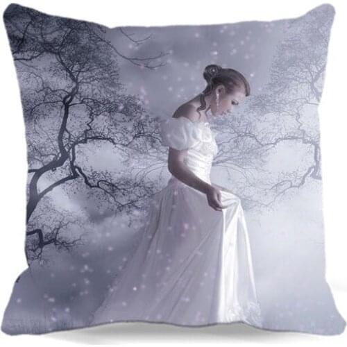 Girl in white In the mist pattern Cotton Polyester cushion cover Square 18" 5 size 9 style Art illustration pillow case