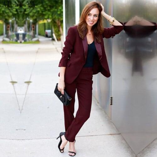 New Women business Suits Wine Red Formal Pant Suits For Weddings Slim Office Uniform Ladies OL Trouser Work Wear 2 Piece Custom