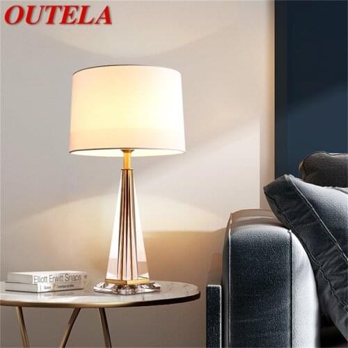 OUTELA Table Lamp Brass Modern Simple Crystal LED Fabric Desk Light Decoration for Home Bedroom