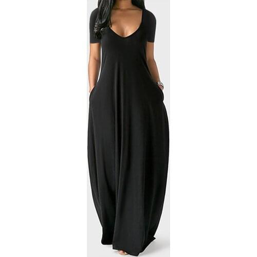 Women Plus Size Maxi Dress Black V-neck Pockets Short Sleeve Long Dress Casual Womens Summer Sundresses 2021 Beach Dresses