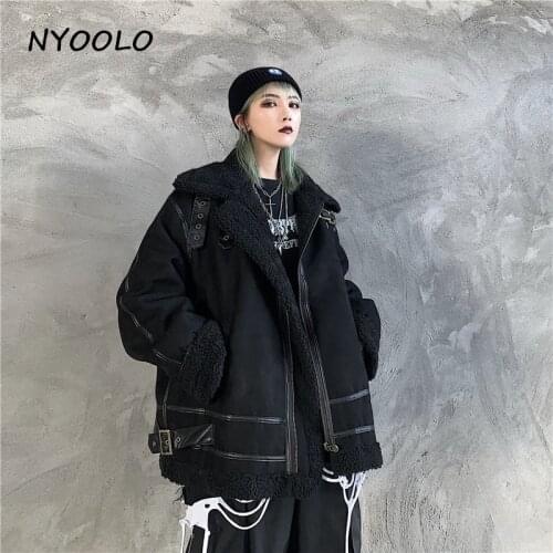 NYOOLO Vinatge street lamb wool loose turtleneck cargo coats Winter loose thicken warm zipper motorcycle padded jacket women men