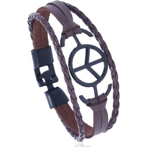 Vintage Fashion Genuine Leather Bracelet Black Woven Peace Charm Hand Chain Buckle Bangle Wrap Wristbands Women Men Jewelry Gift