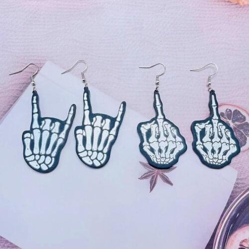 Halloween Punk Acrylic Hand Skull Skeleton Dangle Earrings for Women Black White Print Finger Long Earring Hip Hop Party Jewelry