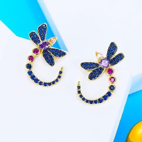 GODKI New Luxury Shiny Blue dragonfly Pendant Earrings For Women Insect Mirco Paved Cubic Zircon Womens Earrings in Jewelry