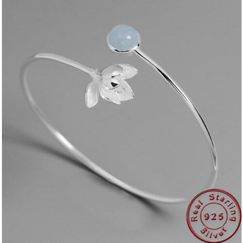 Amxiu Real 925 Sterling Silver Bangles Handmade Natural Stone Jewelry Magnolia Flower Bangle for Women Party Accessories Bijoux
