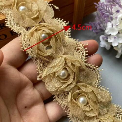 1 Yard Gold Rose Flower Lace Trim Pearl Soluble 45mm Embroidered Ribbon Fabric Handmade DIY Wedding Dress Sewing Supplies Craft