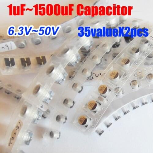 35valuesX2pcs=70pcs SMD 6.3V~50V 1uf~1500uf Aluminum Electrolytic Capacitor Assortment Kit Pack for Computer Motherboard