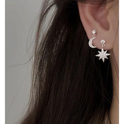 925 Sterling Silver Crystal Asymmetry Star Moon Korean Studs Earrings For Women Christmas Jewelry Accessories eh1386