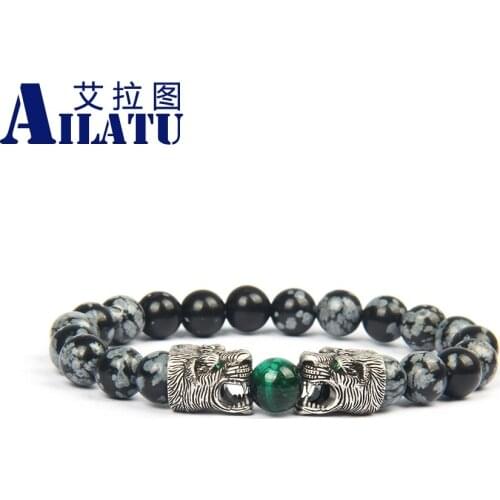 Ailatu New Mens Jewelry Double Leopard Lion Tiger Head Bracelet with 8mm Natural Snowflake Stone Beads Top Quality
