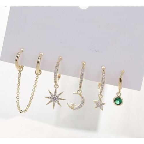 Dazzling Moon Star Double Ear Hole Earrings Sets Mosaic Cubic Zircon Hoop Earring For Women 5-piece Sets S-E1091