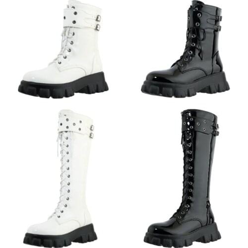 White Black Women Patent Leather Ankle Boots Motorcycle Botines Mujer Lace Up Knee High Boots Winter Warm Platform Casual Shoes