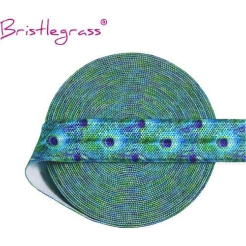 BRISTLEGRASS Wholesale 50 Yard 5/8" 15mm Peacock Feather Print FOE Foldover Elastic Spandex Satin Band Hair Tie Dress DIY Sewing