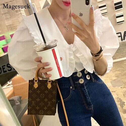 Korean New Fashion Loose Tops Sweet Peter Pan Collar Ruffled White Shirt Puff Short Sleeve Women Blouses and Shirts Blusas 14253