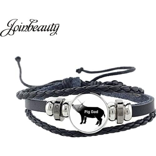 JOINBEAUTY Fashion Animal Pig Dad Glass Cabochon Leather Multi Layered Braided Bracelet Men Women Charm bracelet Jewelry PG33