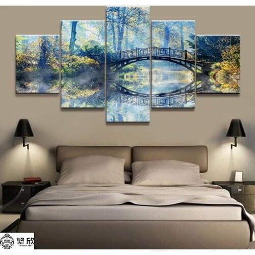 Home Decor Modular Canvas Picture 5 Piece Small Bridge on Lake Scenery Painting Poster Wall For Home Canvas Painting Wholesale