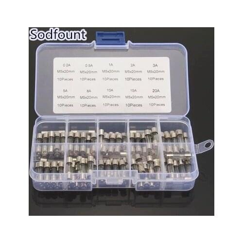 100pcs/lot Set Kit 5x20mm Fuse Assorted Kits DIY Quick Blow Glass Tube Fast-blow Glass Fuses 0.5A 1A 2A 3A 5A 8A 10A 15A 20A 30A