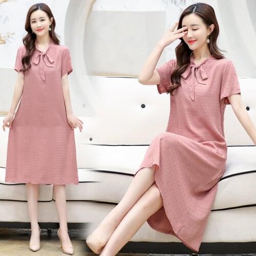 2021 New summer style plus size women short sleeve dresses Beach style solid Fashion dress with bow Vestidos